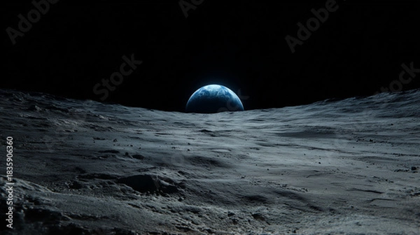 Obraz Moon Surface and earth | Cinematic extreme wide shot of the moon surface, gray cratered lunar dust. In the pitch black sky, a bright blue Earth hangs in the distance.