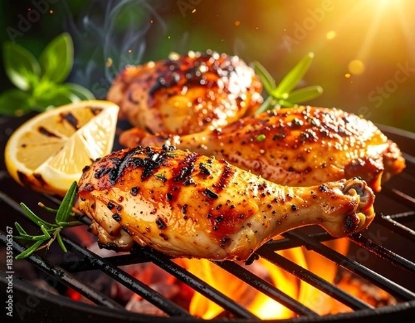 Obraz Close-up of grilled chicken drumsticks, lemon, rosemary, and fire