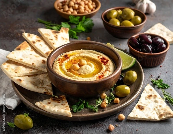 Obraz Close-up of hummus with garnishes and pita bread on a platter
