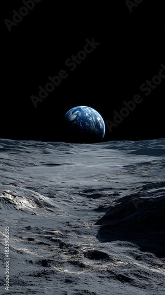 Obraz Moon Surface and earth | Cinematic extreme wide shot of the moon surface, gray cratered lunar dust. In the pitch black sky, a bright blue Earth hangs in the distance.