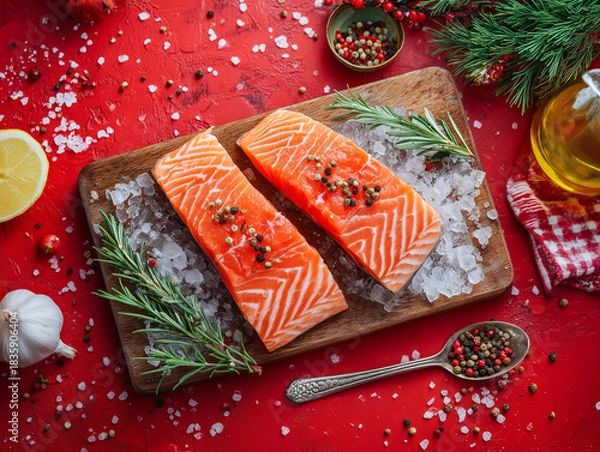 Obraz fresh salmon fillet slices on a cutting board with ice, seasonings on red background. pepper, herbs, rosemary, lemon, garlic, olive oil