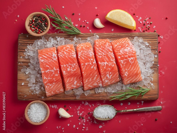 Obraz fresh salmon fillet slices on a cutting board with ice, seasonings on red background. pepper, herbs, rosemary, lemon, garlic, olive oil