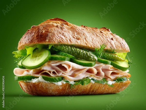 Obraz delicious ciabatta with slices of boiled chicken breast and slices of pickled cucumber. on a green background