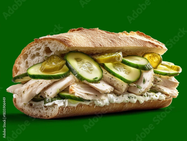 Obraz delicious ciabatta with slices of boiled chicken breast and slices of pickled cucumber. on a green background