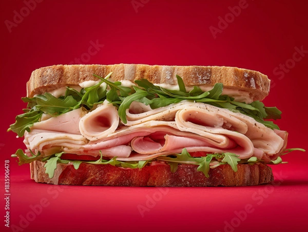 Obraz sandwich with chicken ham very thinly sliced with arugula on top lies on on a red background