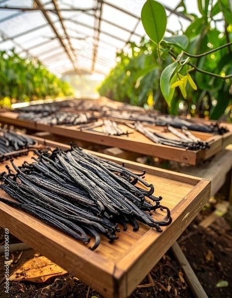 Obraz Close-up of vanilla beans drying in a greenhouse, sunlight streaming