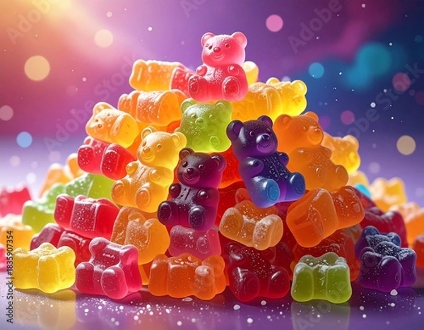 Obraz Colorful gummy bears stacked in a pyramid shape with a blurred background
