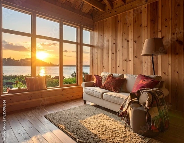 Obraz Cozy wooden-paneled interior room with a sofa and window view of the sunset