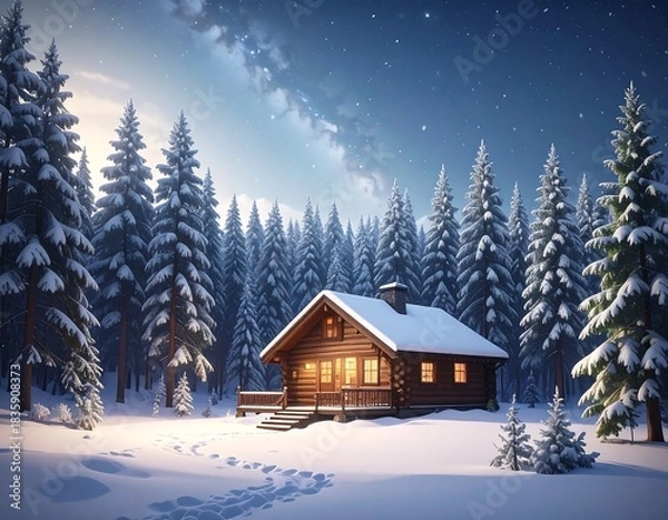 Obraz Cozy wooden cabin nestled in a snowy forest under a starlit night