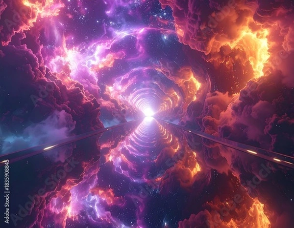 Obraz Digital art of a radiant tunnel surrounded by celestial nebulae and glowing light