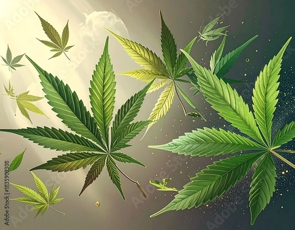 Obraz Digitally created illustration of multiple cannabis leaves, various shades
