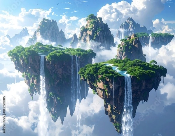 Obraz Floating islands with waterfalls, lush greenery, and stunning landscapes above clouds