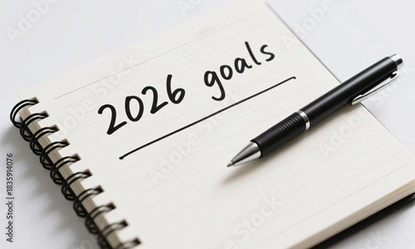 Fototapeta top-down view of open notebook with ‘2026 goals’ handwritten on first line pen beside it minimal props pure white background  Generative AI