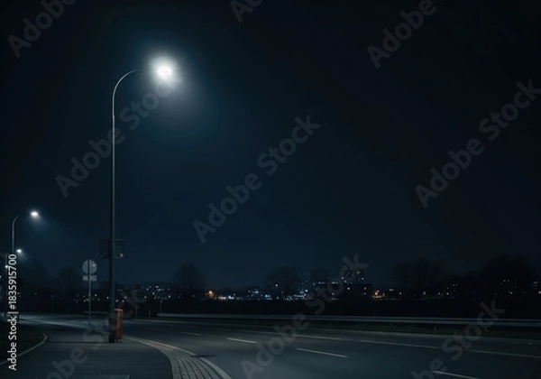 Obraz Quiet Empty Road Under Night Streetlights with Copy Space