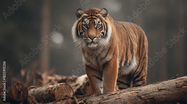 Obraz wildlife photo, a Sumatran tiger standing on top of large cut timber logs from illegal logging, freshly cut wood surfaces, strong environmental destruction 