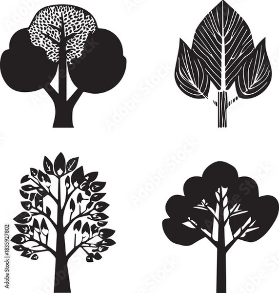 Obraz Four black Trees silhouettes set big highly vector tree set