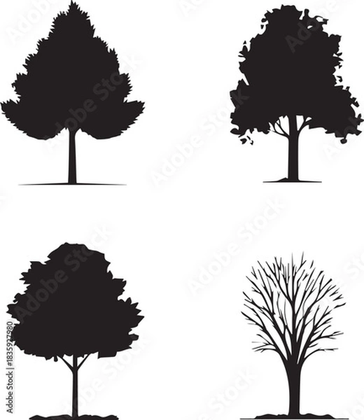 Obraz Four black Trees silhouettes set big highly vector tree set