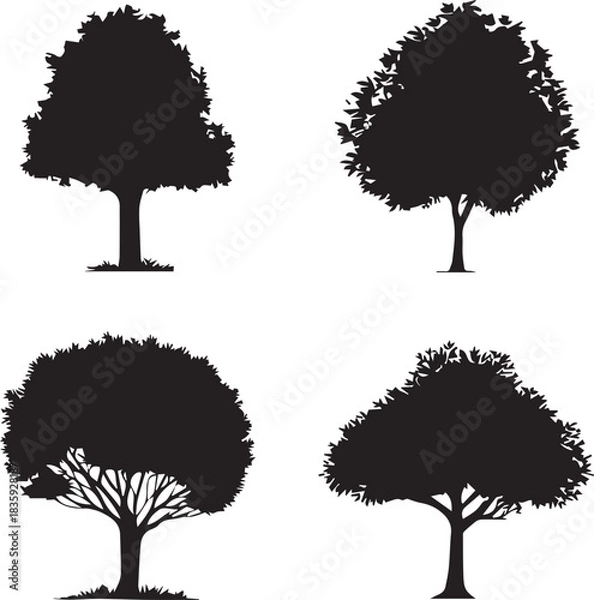 Obraz Four black Trees silhouettes set big highly vector tree set