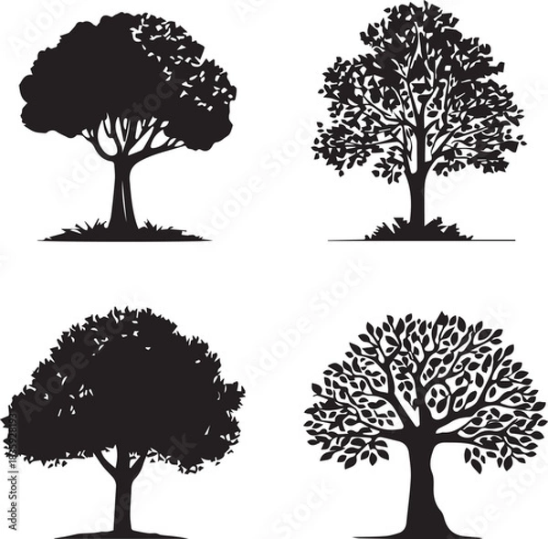 Obraz Four black Trees silhouettes set big highly vector tree set