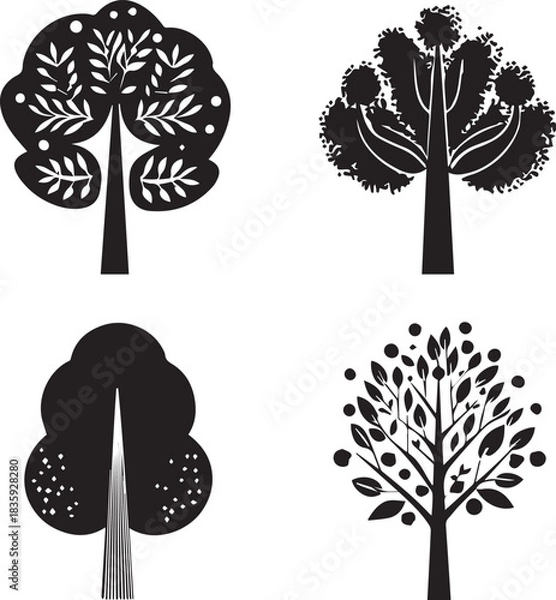 Obraz Four black Trees silhouettes set big highly vector tree set