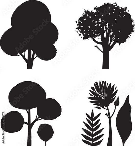 Obraz Four black Trees silhouettes set big highly vector tree set