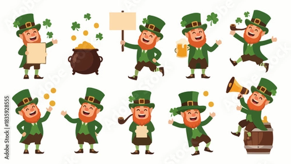Obraz Collection of cartoon leprechauns in various poses, celebrating St. Patrick's Day.