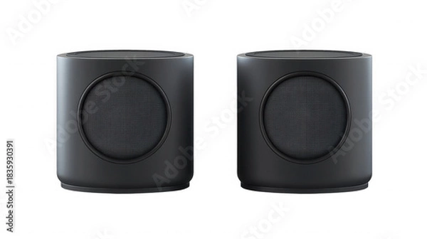 Fototapeta Two small gray cylindrical speakers with circular grills on  in a studio setting on transparent background
