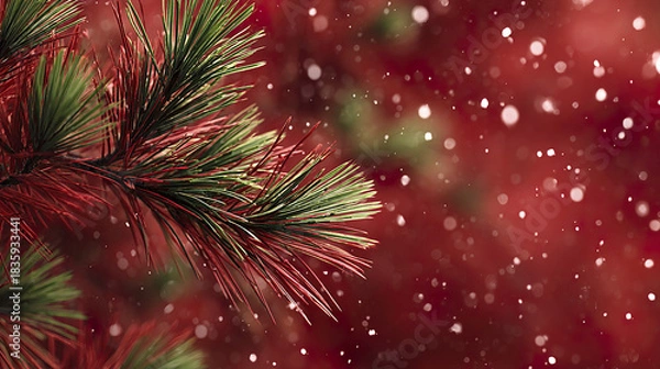 Fototapeta Green pine branch with snowflakes falling against red festive background creating warm and joyful winter holiday atmosphere
