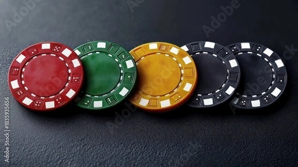 Obraz Close-up of five colorful poker chips arranged in a row on a textured dark surface