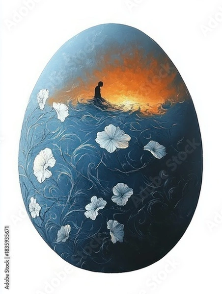 Obraz Oval-shaped artwork featuring a silhouette of a person sitting amidst glowing orange light contrasted against a dark blue background with artistic white flowers and swirling vines
