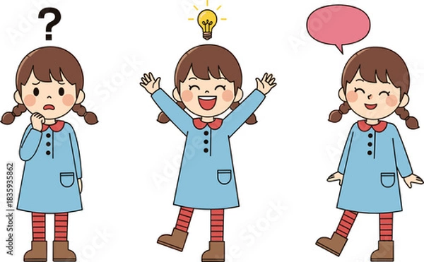 Fototapeta Set of cute little girl poses thinking wondering having idea and talking with speech bubble cad drawing flat vector illustration