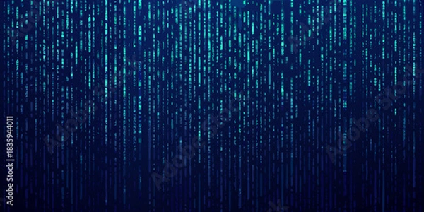 Fototapeta Abstract digital rain background with falling characters and blue gradient