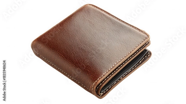 Fototapeta A slightly open brown leather wallet with white stitching on a plain black background in a studio shot on transparent background