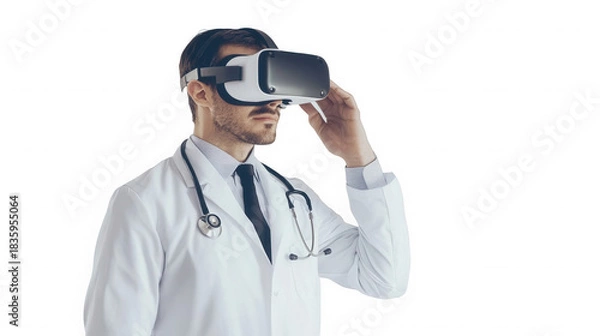 Fototapeta A doctor wearing a virtual reality headset and a white coat against  image view on transparent background