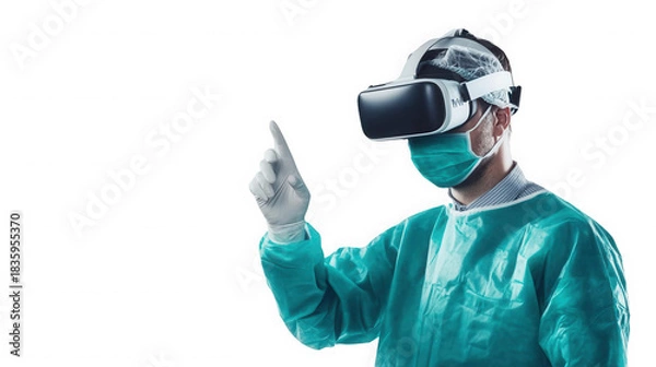 Fototapeta Surgeon in vr headset wearing surgical gown and mask with gloved hand raised on black background on transparent background