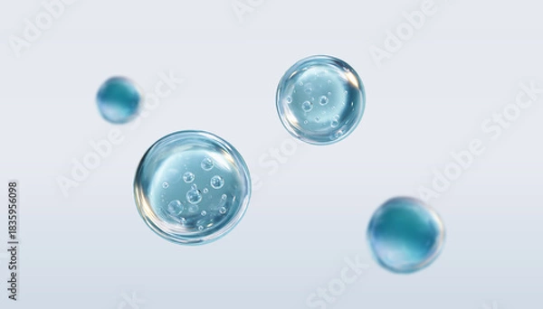 Obraz Transparent water drop spheres containing micro-bubbles. Abstract 3D render of cosmetic serum, hyaluronic acid, or collagen particles for hydration and science.
