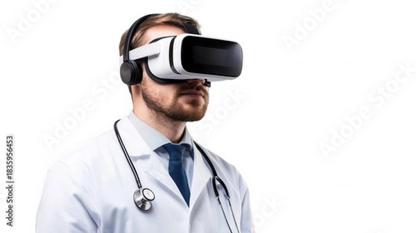 Fototapeta A doctor wearing a white coat and stethoscope using a virtual reality headset on  on transparent background