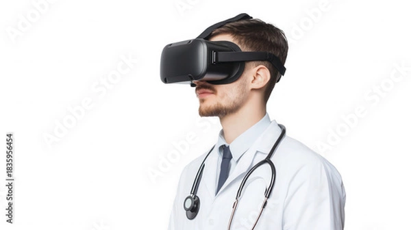 Fototapeta A doctor wearing a virtual reality headset and a stethoscope on a black isolated background on transparent background