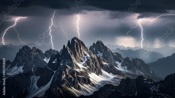 Obraz Lightning Forks Striking Distant Mountains