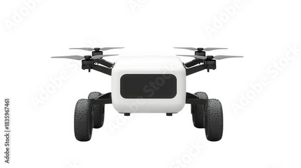 Fototapeta A futuristic drone with wheels and propellers against a plain black studio background front view on transparent background