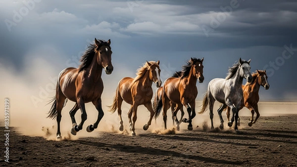 Fototapeta Brown horses, ponies, and a mare with a foal grazing on beautiful green summer grass in a nature field pasture