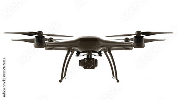 Fototapeta A front view of a dark gray drone with a camera attached to the bottom on  on transparent background