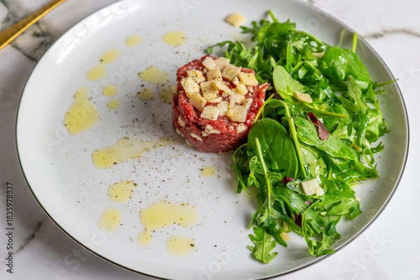 Obraz Beef Carpaccio cold appetizer with parmesan