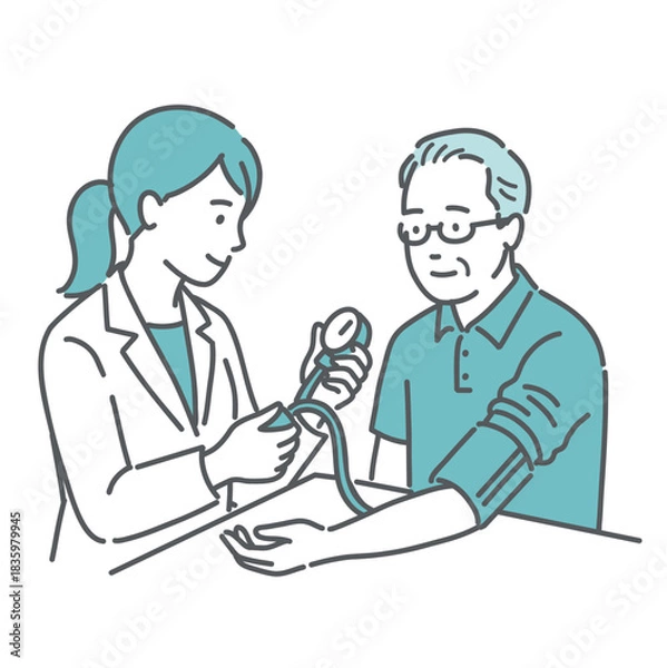 Obraz 医療従事者による高齢男性の血圧測定イラスト