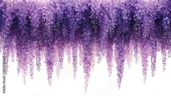 Obraz dense cascade of purple and lavender wisteria flowers hanging down gracefully against a white background conveying calm and beauty