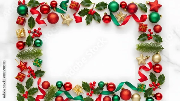 Fototapeta Christmas holly wreath border frame with fir branch and pine for a winter holiday card vector illustration