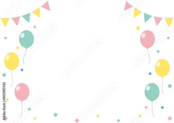 Obraz カラフルな風船とフラッグガーランドを飾ったお祝いフレーム/楽しいパーティー素材