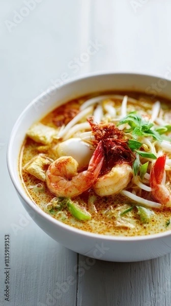 Fototapeta Savory Noodle Soup With Shrimp Tofu Bean Sprouts And Chili Flakes In White Bowl
