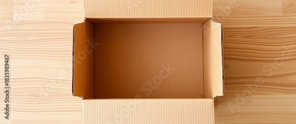 Obraz Empty light brown cardboard box, open top, flaps folded down, empty, sustainable