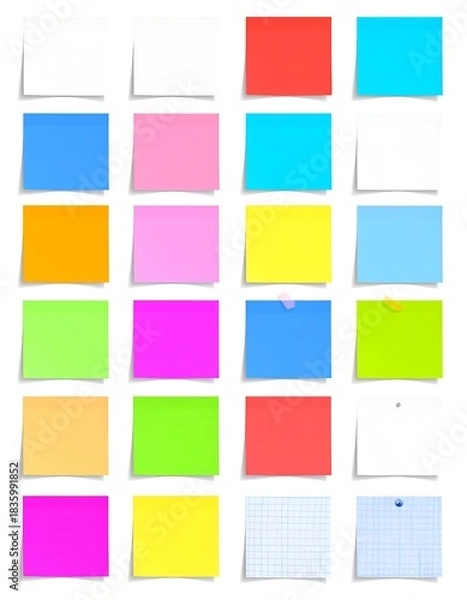 Fototapeta Assorted colorful square sticky notes arranged on a white backdrop